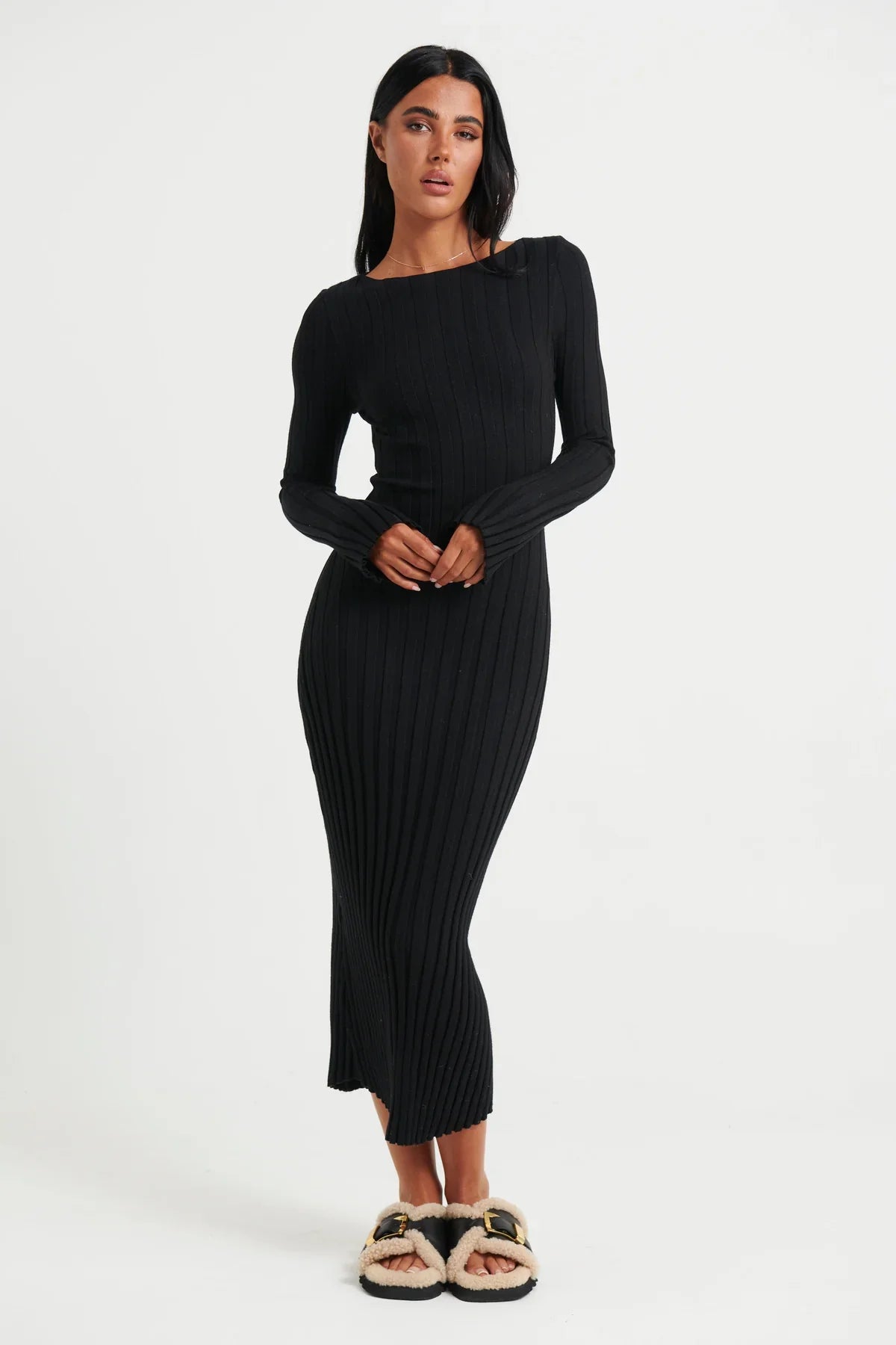 Serene Elegance Ribbed Knit Midi Dress