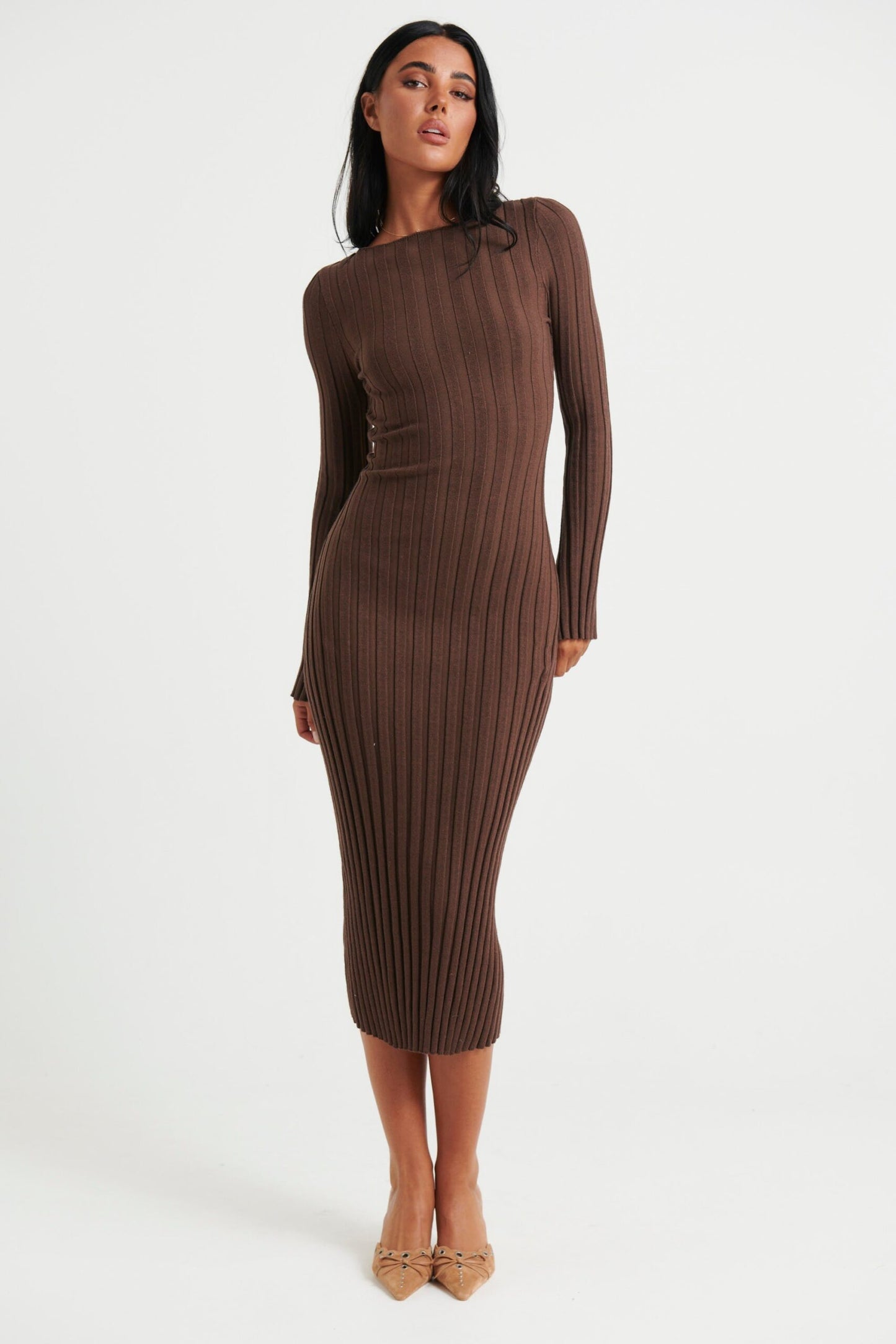 Serene Elegance Ribbed Knit Midi Dress